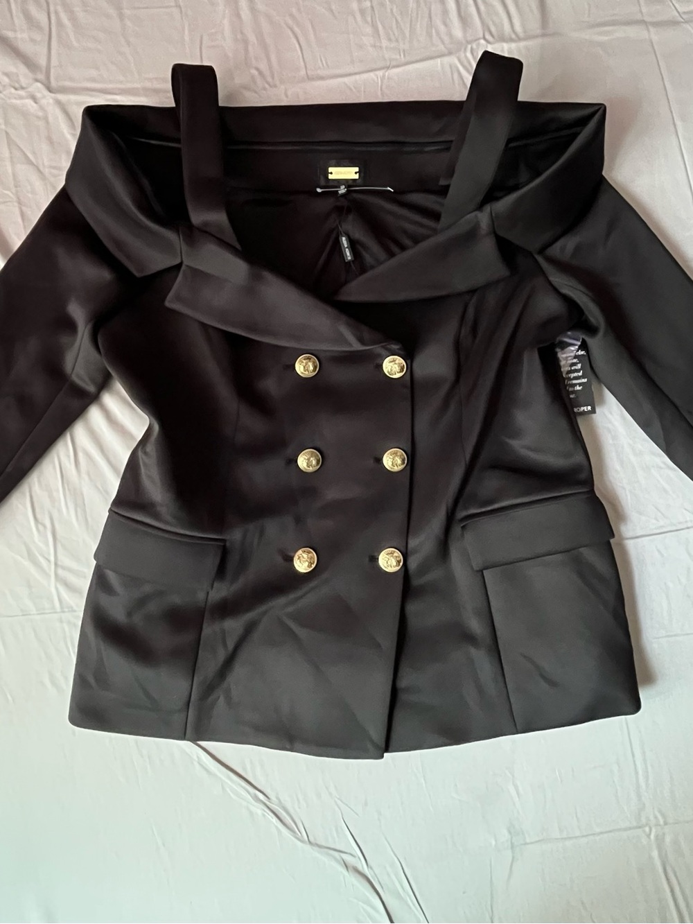 Alexia Admor Black Off-Shoulder Double-Breasted Blazer with Gold Buttons